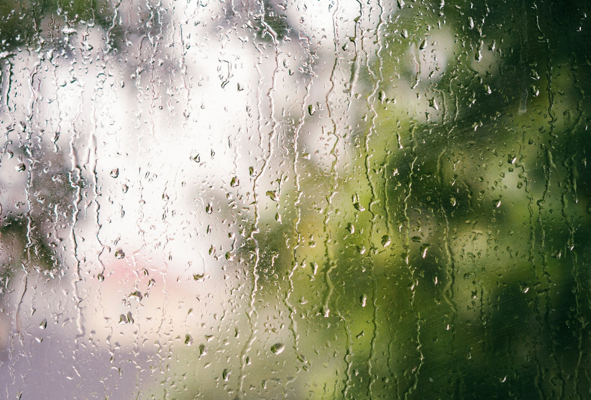 Gotas de lluvia sobre una ventana con árboles verdes de fondo