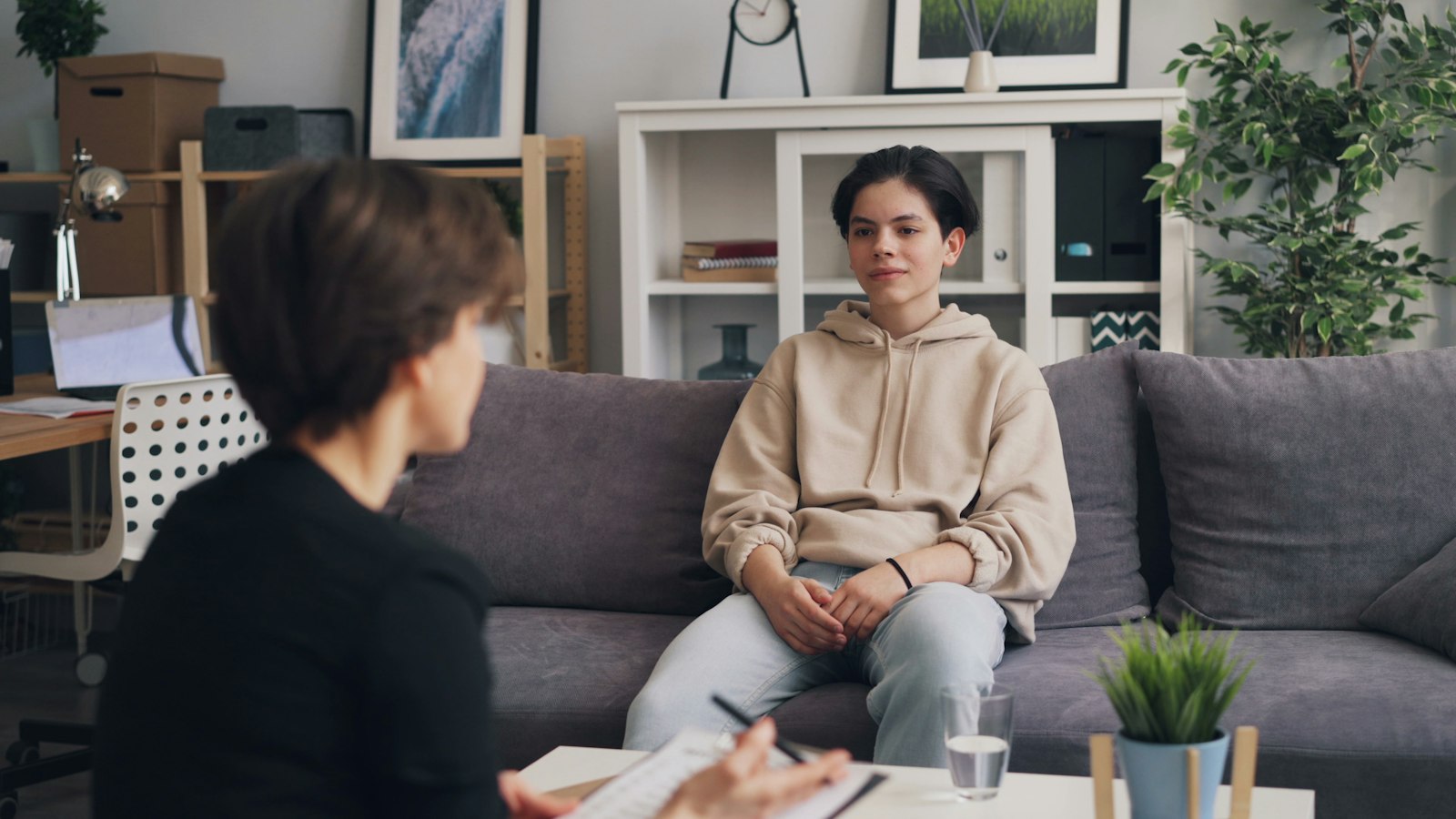 Sesión de terapia en un living, con una persona sentada en el sofá